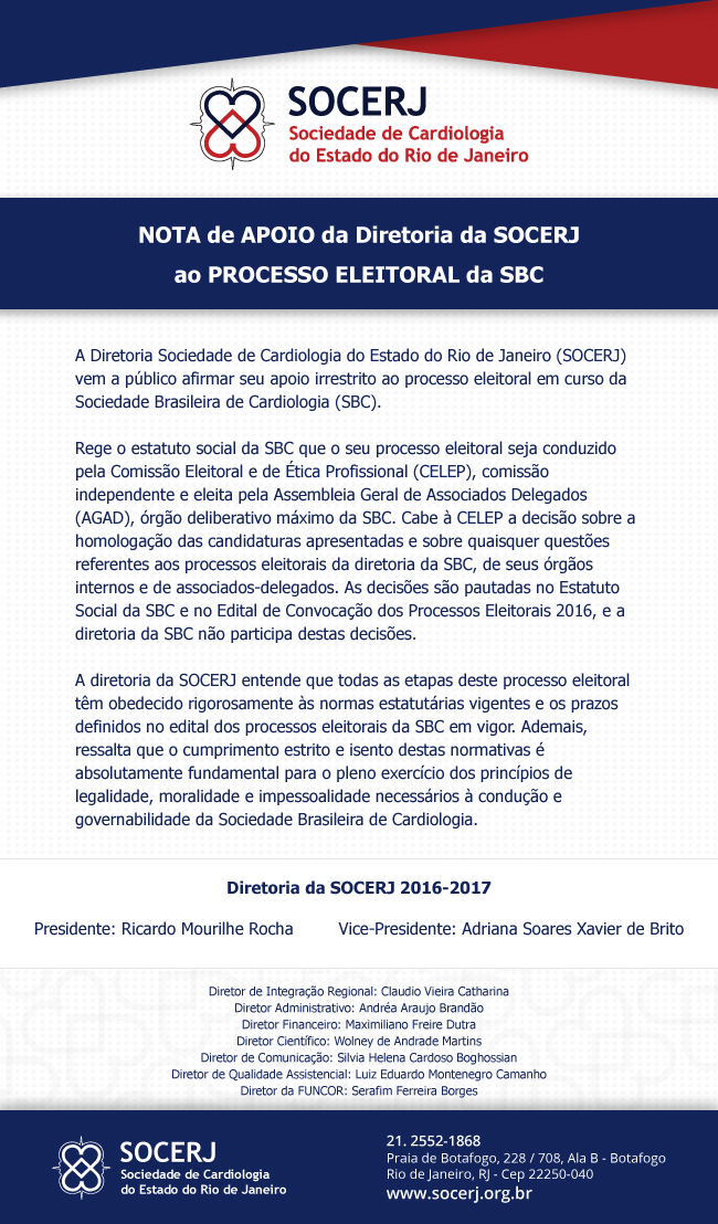 Nota de APOIO da Diretoria da SOCERJ ao PROCESSO ELEITORAL da SBC